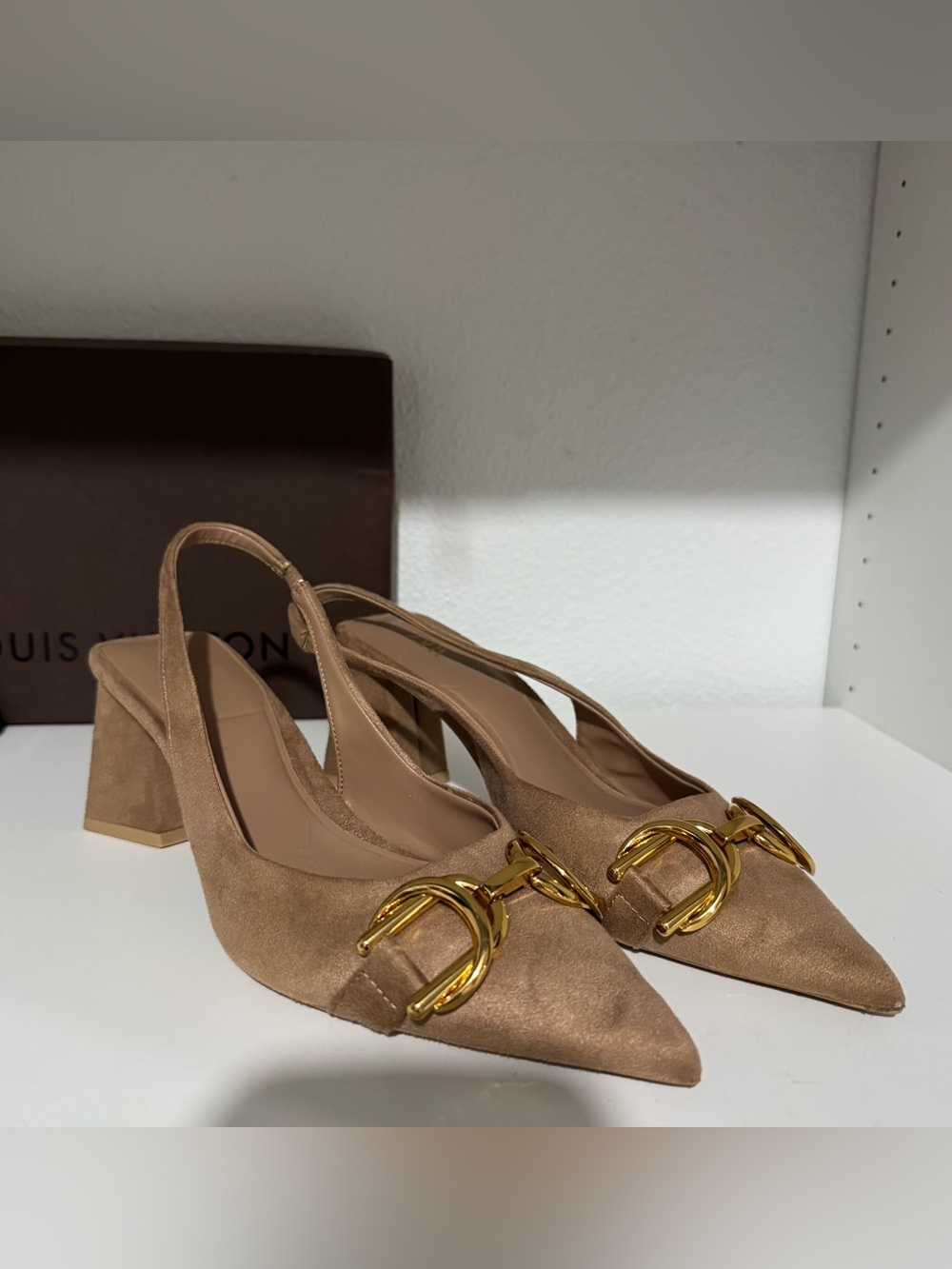 Zara Taupe Suede Pointed Slingback Heels with Gold Buckle